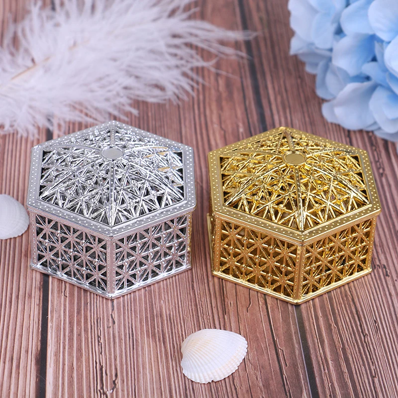 Creative plastic hexagon candy box wedding vintage chocolate gift treat boxes Hollow out gold and silver candy box