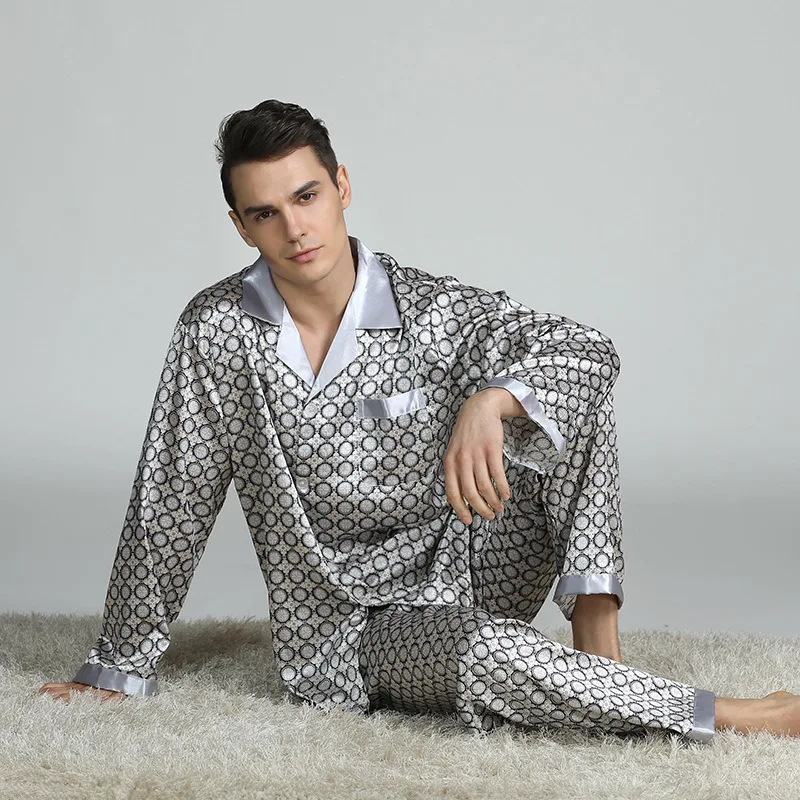 2020 Hot Sale High Quality Mens Silk Satin Pajama Set Luxury Long Sleeve Nightwear Suit Print pajamas Home Service Mens Clothes