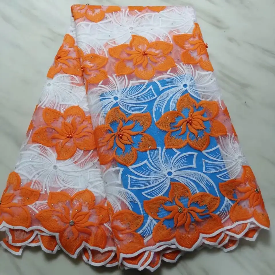 

5Yards/pc Beautiful orange flower african milk silk lace and white french net lace fabric for dress BN134-9