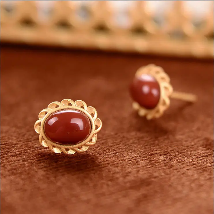 

Natural South Red Agate Oval Earrings Earrings Ancient S925 Sterling Silver Cheongsam Han Chinese Clothing Accessories Chinese S