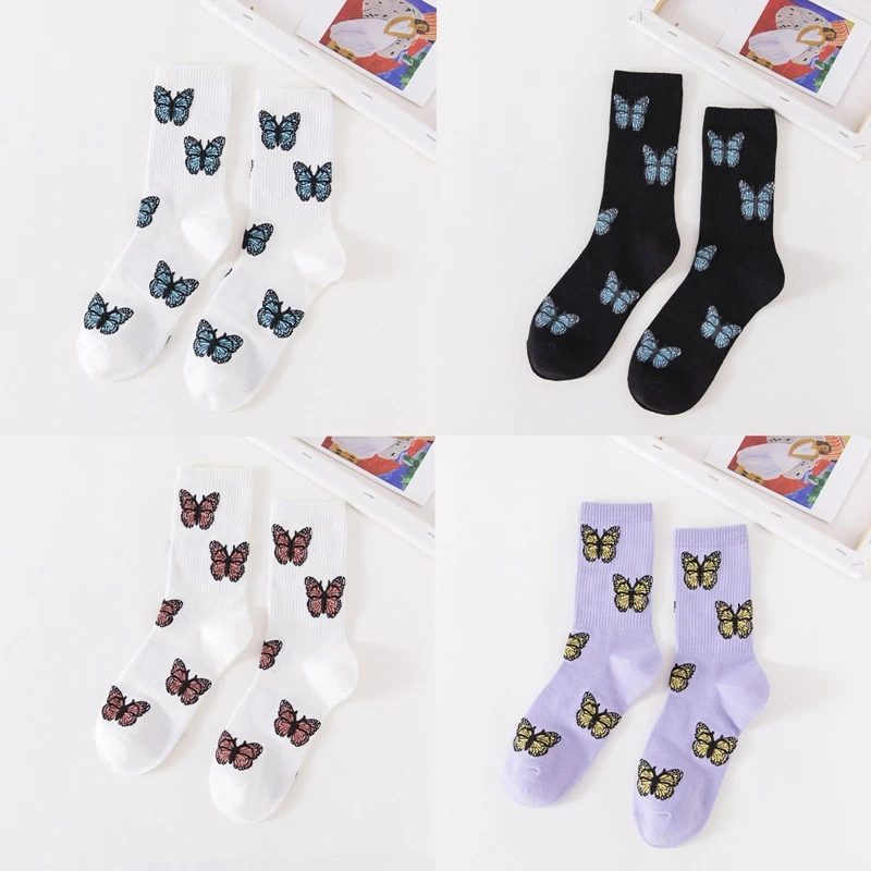 

Women's Cotton Embroidered Butterfly Socks Streetwear Harajuku Kawaii Japanese Sweet Middle Tube Socks Skateboard Socks