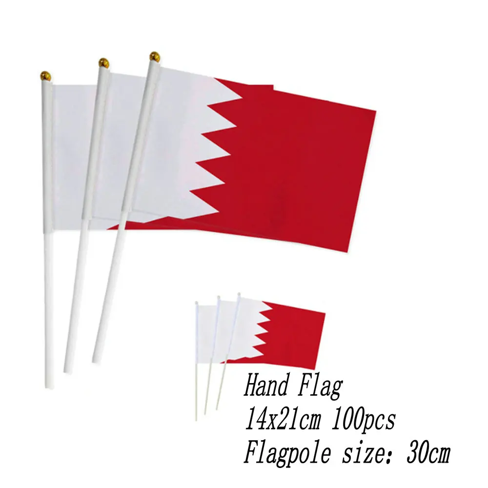 zwjflagshow Bahrain Hand Flag 14*21cm 100pcs polyester fabrics Bahrain Small Hand waving Flag with plastic flagpole for decor