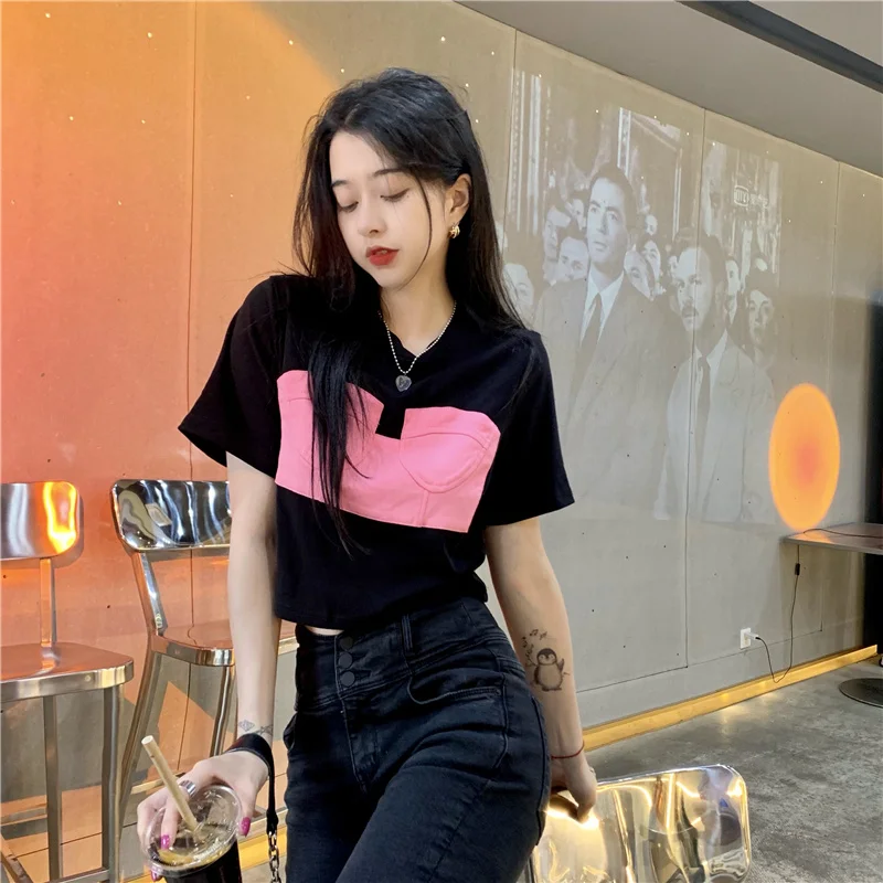 

3619 Korean version of 2021 new niche design sense contrast stitching round neck short-sleeved T-shirt