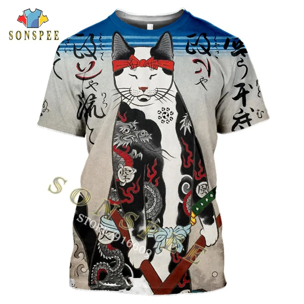 Футболка мужская с 3D-принтом японского самурайского кота и татуировками |