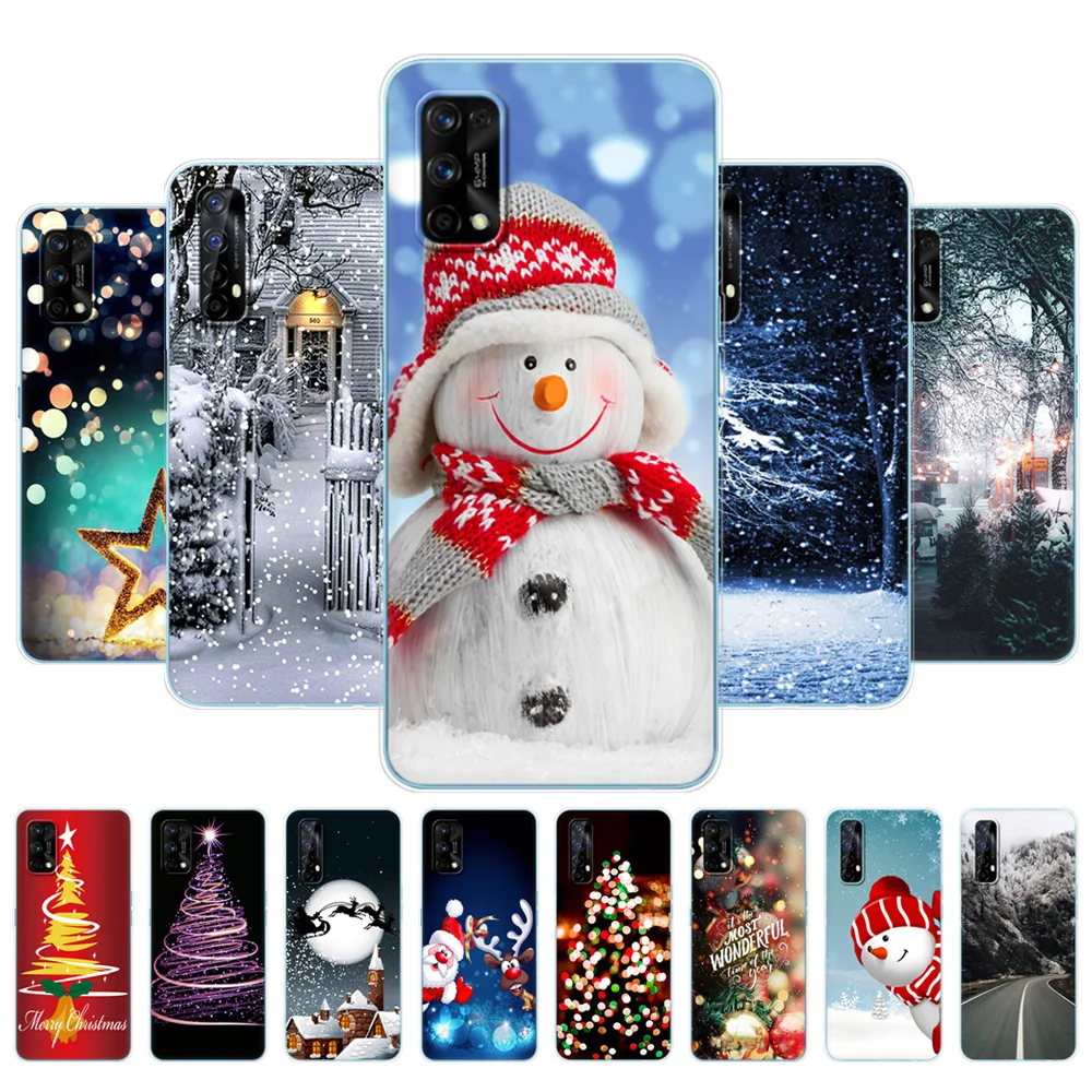 

For Realme 7 Case For OPPO Realme 7 Pro Back Phone Cover For Realme7 7Pro Bumper Coque Capa winter christmas snow tree new year