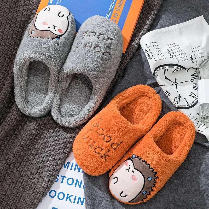 Women Home Cotton Slippers Winter Cozy Warm Indoor Soft Bottom Floor Shoes Cute Cartoon Hedgehog Silent Fur Slippers Man Unisex