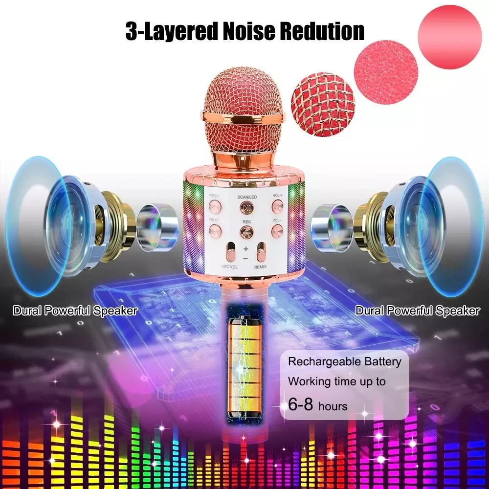 Wireless Karaoke Microphone Bluetooth Handheld Portable Speaker Home KTV Player with Dancing LED Lights Record Function for Kids enlarge