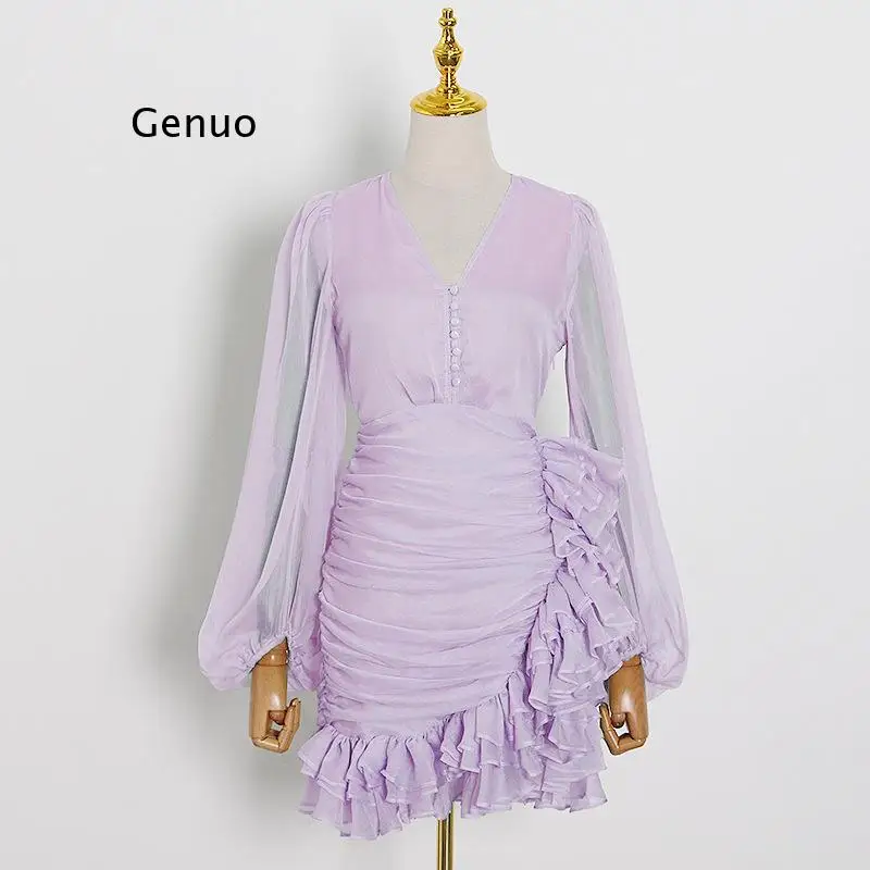 

New Fashion Woman Mini Dress Deep V-Neck Puff Long Sleeve Ruffles Irregular Short Dress Elegant Vestidos