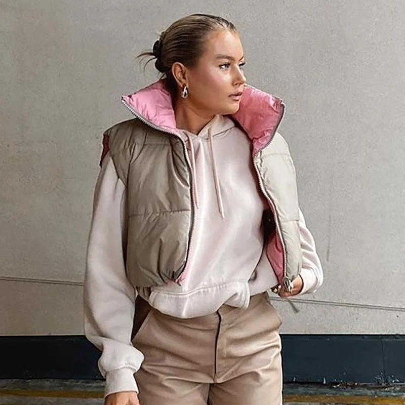 

New Sweet Women Short Down Vest Coats Nice Spring Vintage Ladies Cute Pink Waistcoat Jackets Streetwear Female Chic Girls