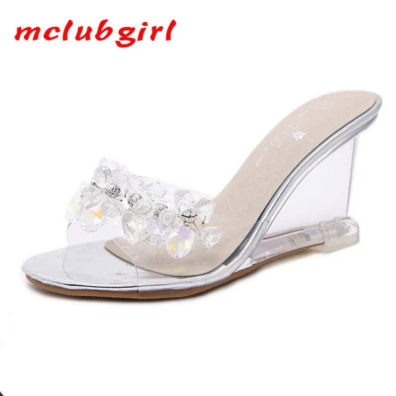 

Mclubgirl 2020 Women Crystal Slipper Wedge Sandals Female Sexy Crystal Transparent High Heels Rhinestone Wedge Sandals LFD