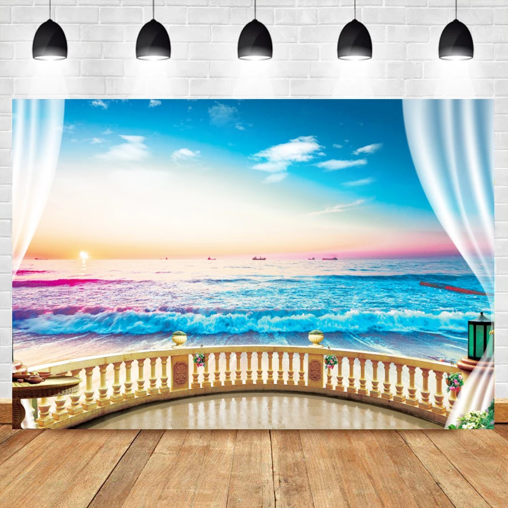 

Тропические фоны для фотосъемки с изображением занавески голубого неба круга занавеска для балкона морские праздники Живописный фон для ф...