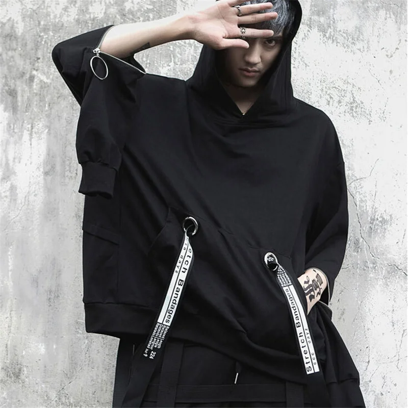 Толстовка мужская оверсайз в стиле хип-хоп свитшот на молнии с лентами накидкой