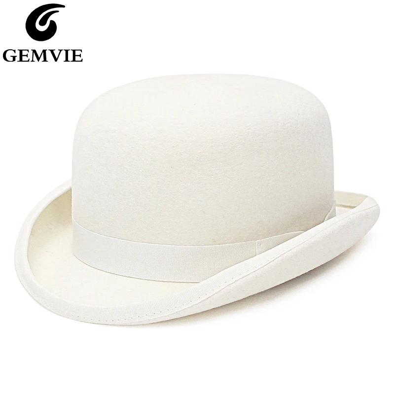 GEMVIE % 100% yün keçe beyaz melon şapka erkekler için/kadın saten kaplı moda parti resmi Fedora kostüm büyücü kap