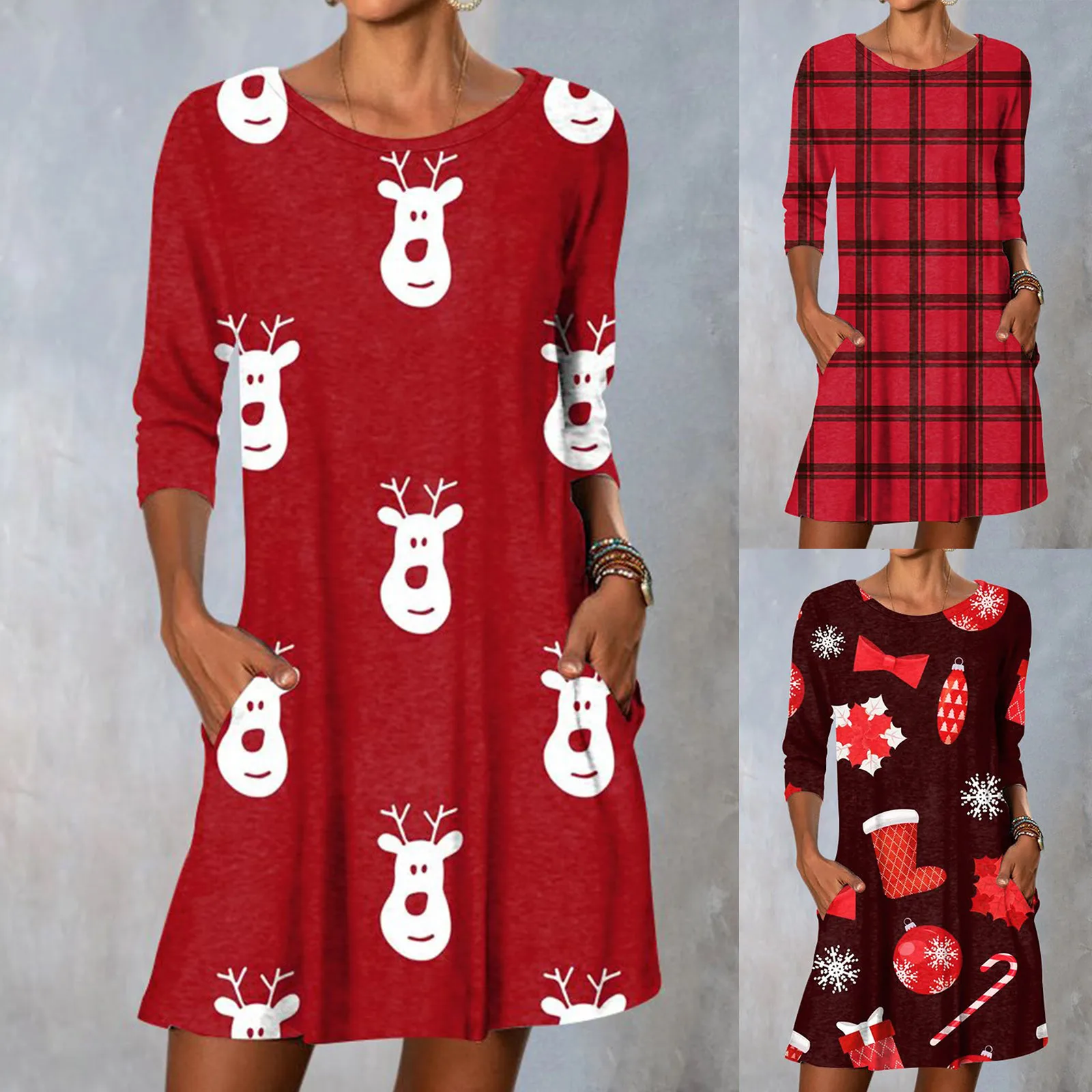 

Женское Повседневное платье-пуловер с рукавом 3/4, круглым вырезом и принтом