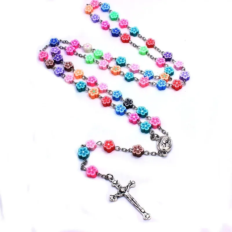 Religious Flower Aryclic Beads Women Polymer Clay Cross Rosary Necklace |