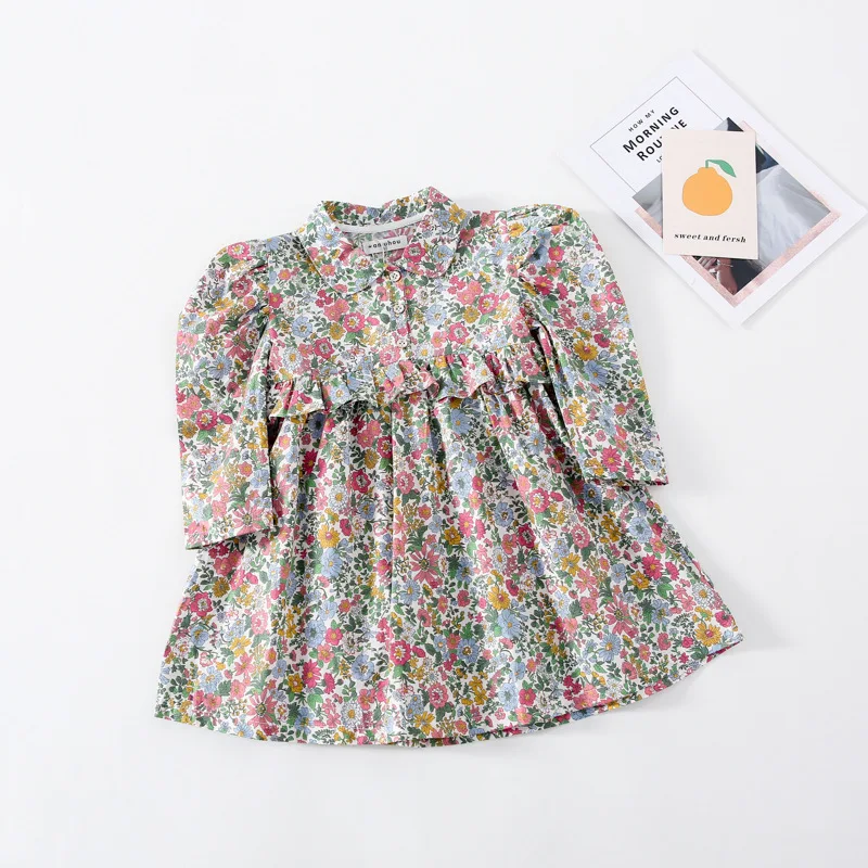 

Spring girl's dress New Arrival korean style cotton flowers pattern long sleeve girl's dress princess sweet dress for baby girls