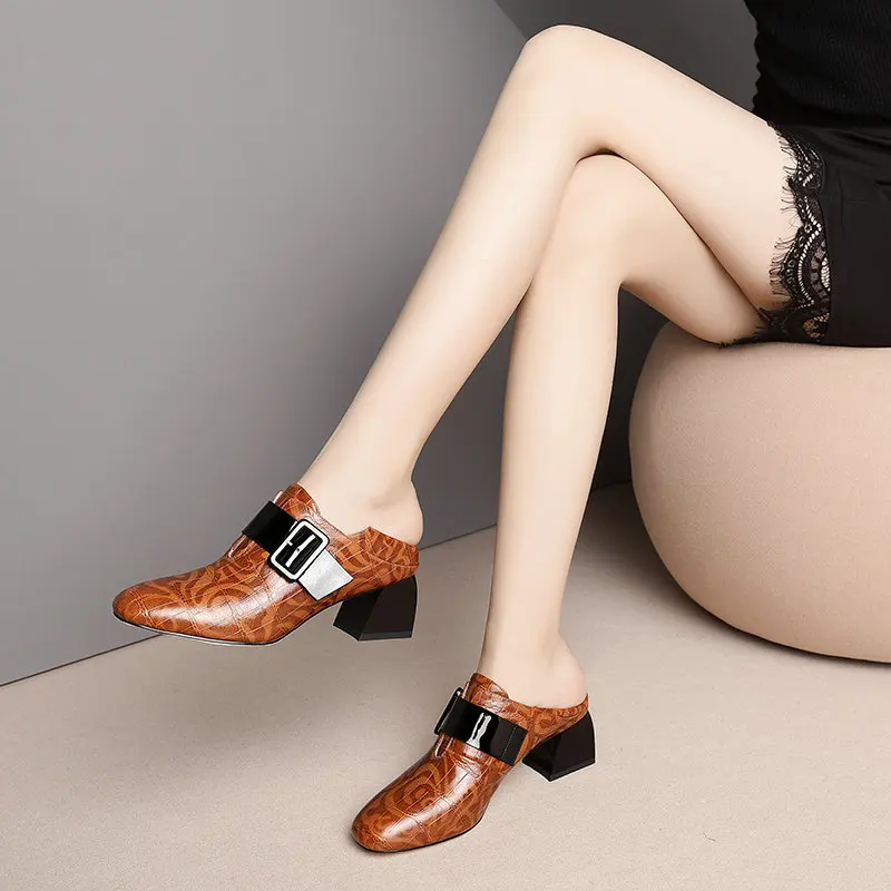 

Large size 34-43 Genuine Leather Square Toe Women Pumps Spring autumn New Arrival Casual Shoes Woman Shallow Buckle High Heels