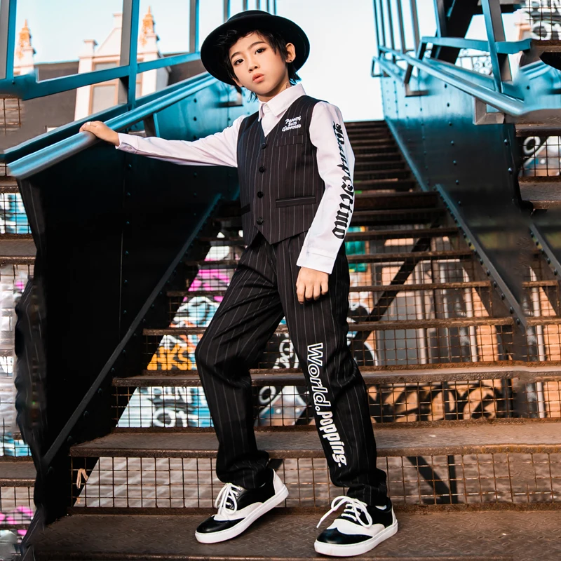 

Детские джазовые танцевальные костюмы для мальчиков с замком, жилет для современных танцев, брюки, костюм для представлений, танцевальная о...