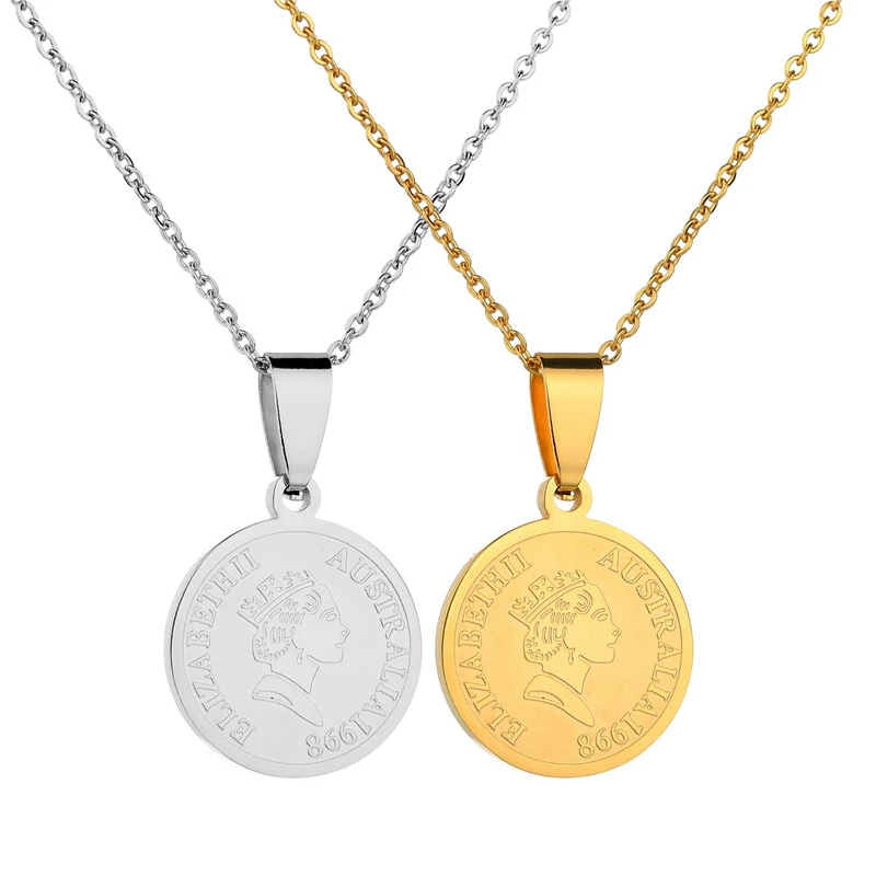 

Sinogaa 316L Stainless Steel Round Medals Pendant Necklace For Women Sweater Chain Lettering Elizabeth Gold/Silver Color Choker