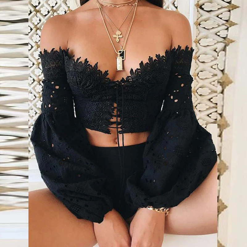 2020 Летняя женская белая сексуальная бандажная кружевная блузка черная пляжная с
