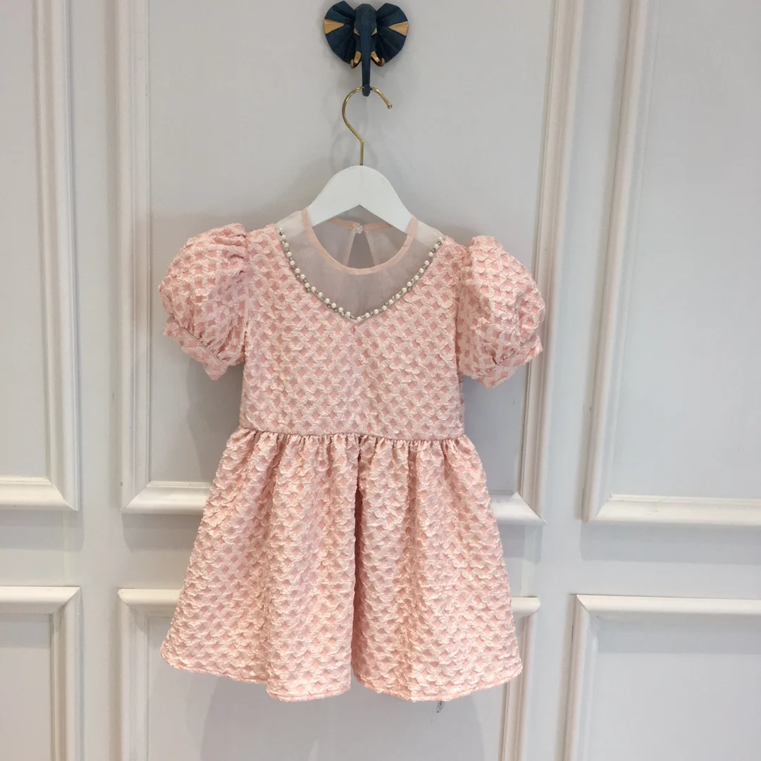 

High-end custom children's clothing 2021 summer hot new product princess dress net gauze puff sleeve diamond beaded bow dress