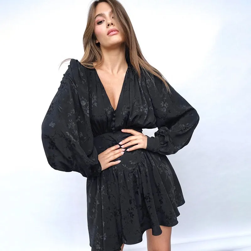 Women's 2020 Autumn Jacquard Dress Sexy V-neck Slim Waist Puff Sleeves Fashion Mid-length Dresses For Female Large Size SWD31704 | Женская