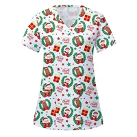 santa cluas print christmas nurse uniform for women short sleeve tops v neck blouse pocket pet care scrub shirt enfermera mujer