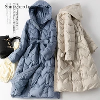 sanishroly winter warm thicken white duck down jacket women with sashes long coat parka female hooded outerwears plus size s1031