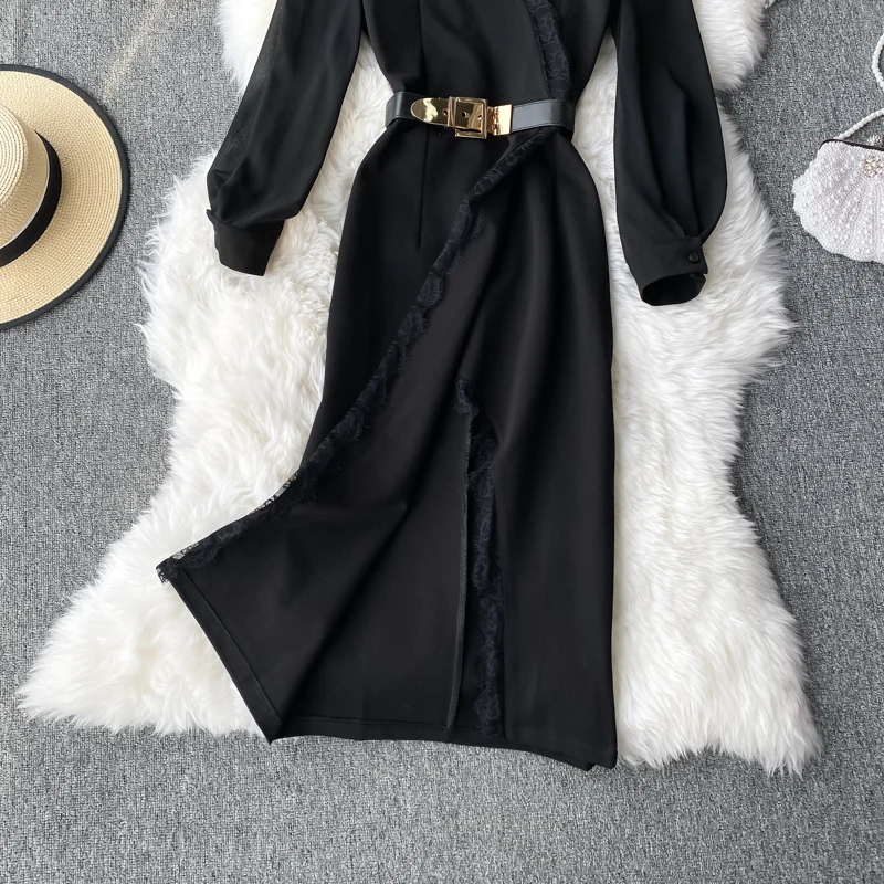 

Vintage Lace Patchwork Black Midi Dress Ladies Office Long Sleeve V-neck High Waist Vestidos Female Sexy Dresses OL 2021