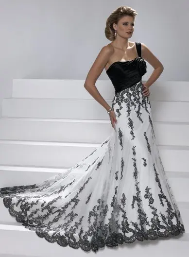 

Бесплатная доставка, модное Дешевое платье на одно плечо с цветочной кружевной аппликацией, черно-белое свадебное платье 2018, платья для мат...