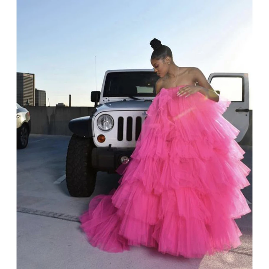 Extra Puffy Pink Women Dress Prom Gowns Ruffles Tiered Tulle Party Night Dresses Ball Gown Girl Special Occasion Dress Robe
