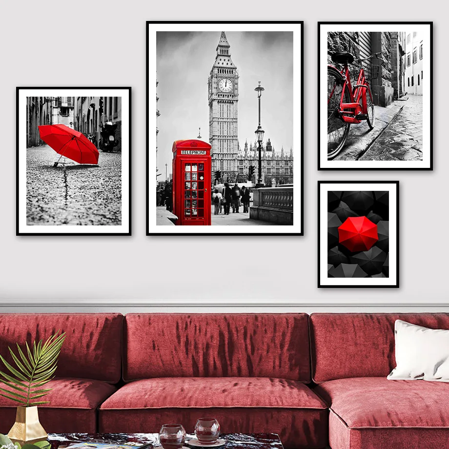 

Big Ben Red Telephone Box Umbrella Bike Wall Art Canvas Painting Nordic Posters And Prints Wall Pictures For Living Room Decor