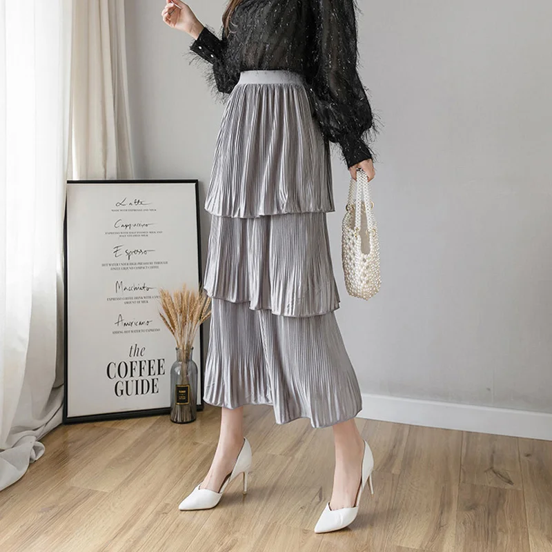 Fitaylor Summer Pleated Skirt Women Elastic Waist Ruffle Leaf Slim Elegant Pink Black Gary High Long | Женская одежда