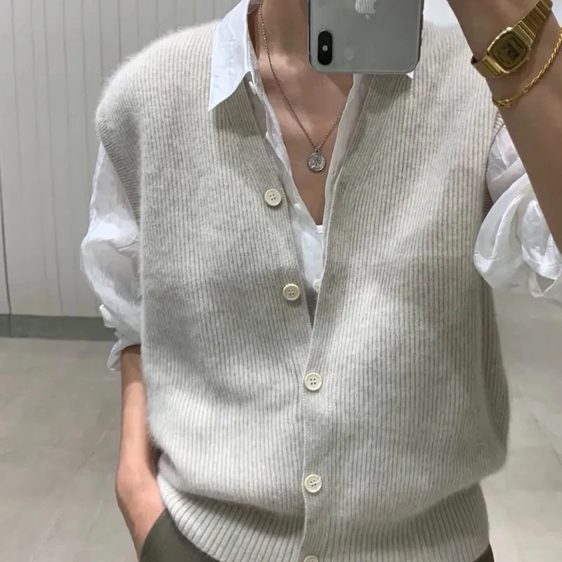 

Knitted sleeveless cotton vest women casual solid color V-neck cardigan vest coat women's knitted vest waistcoat clothes P3 564