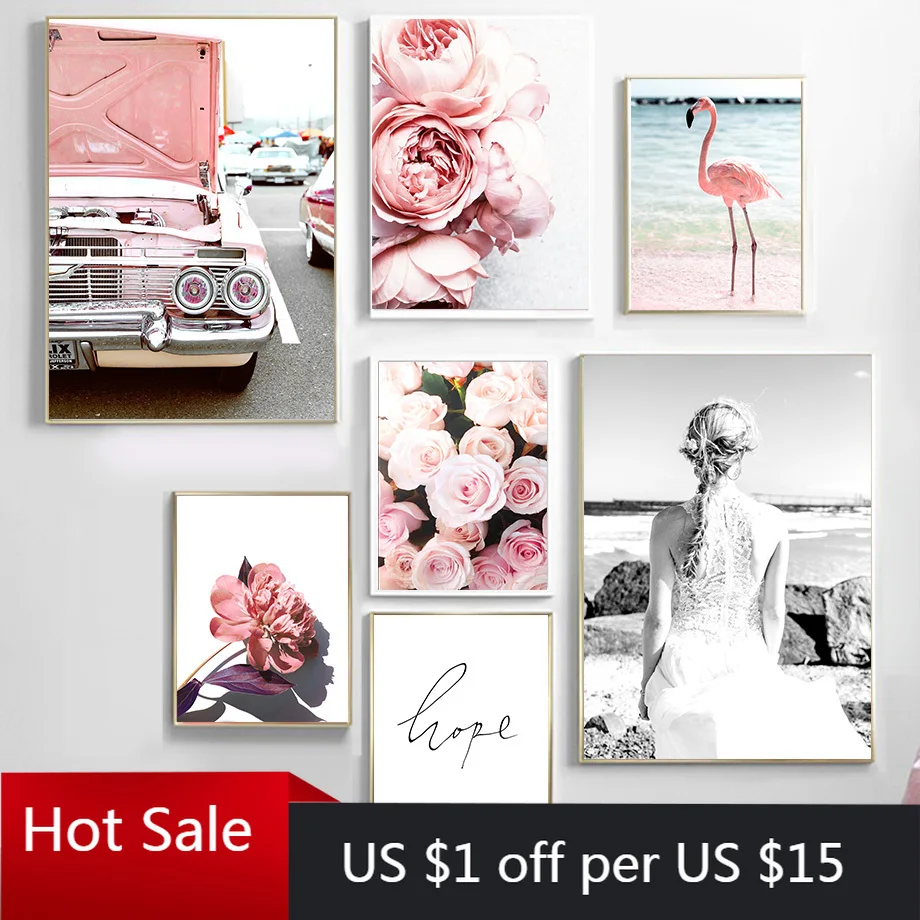 Розовая роза Фламинго цветок винтажный автомобиль настенная Картина на холсте