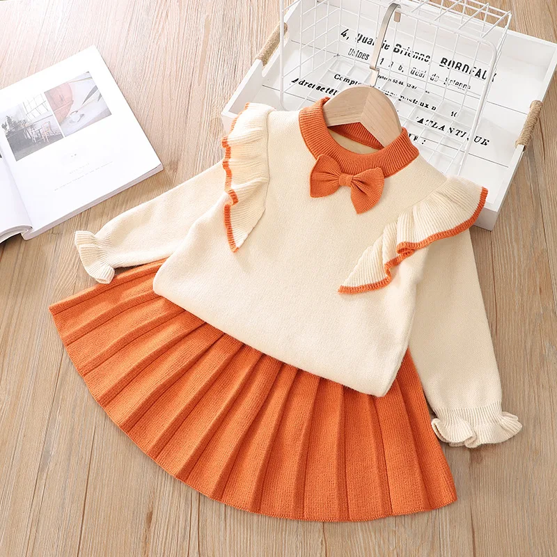 

Girls' Bowknot Knitted Pullover Wool Skirt Two-Piece Suit