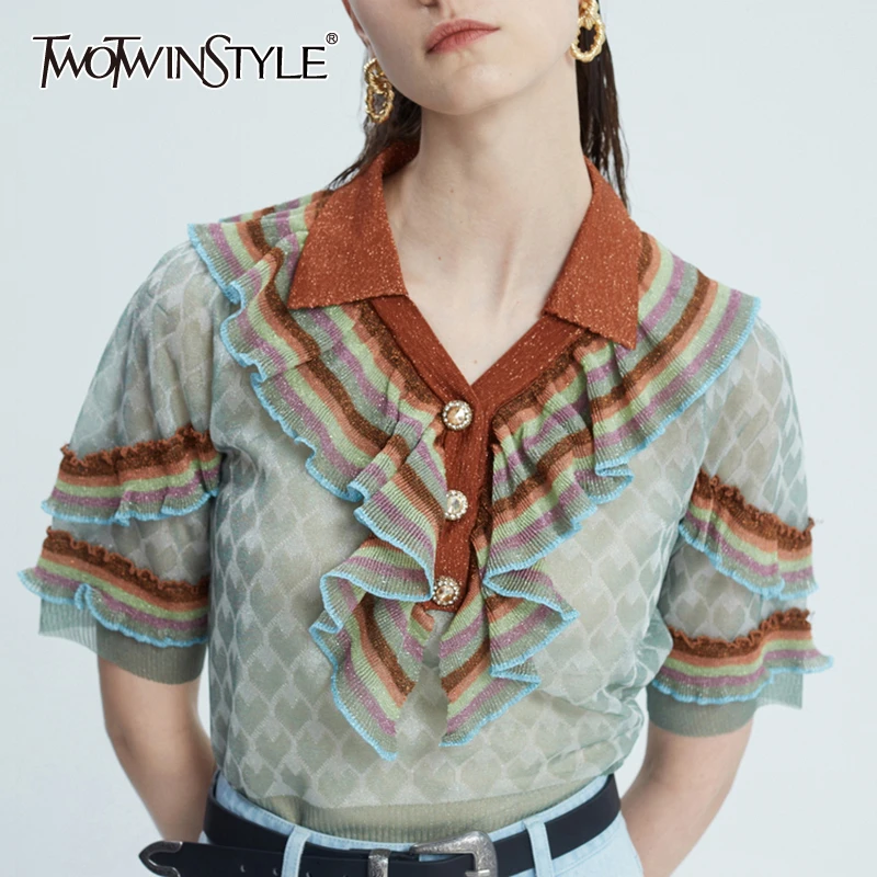 Женский свитер TWOTWINSTYLE повседневный трикотажный с отложным воротником и коротким