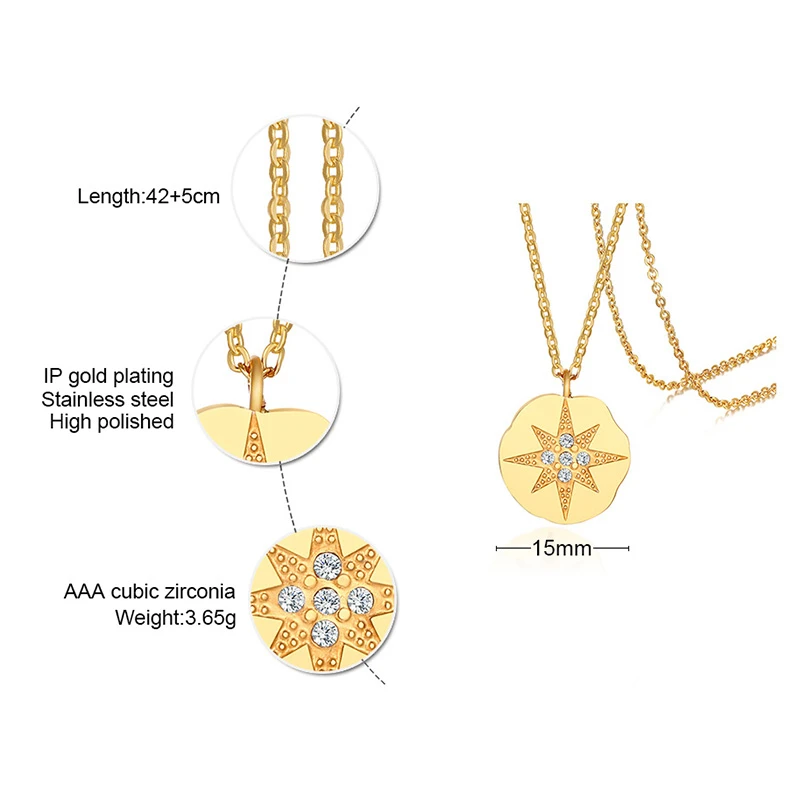 

Vnox Temperament Stars Coin Pendant Necklaces for Women Party Jewelry Bling CZ Stone K 18 Tag O Chain Accessory