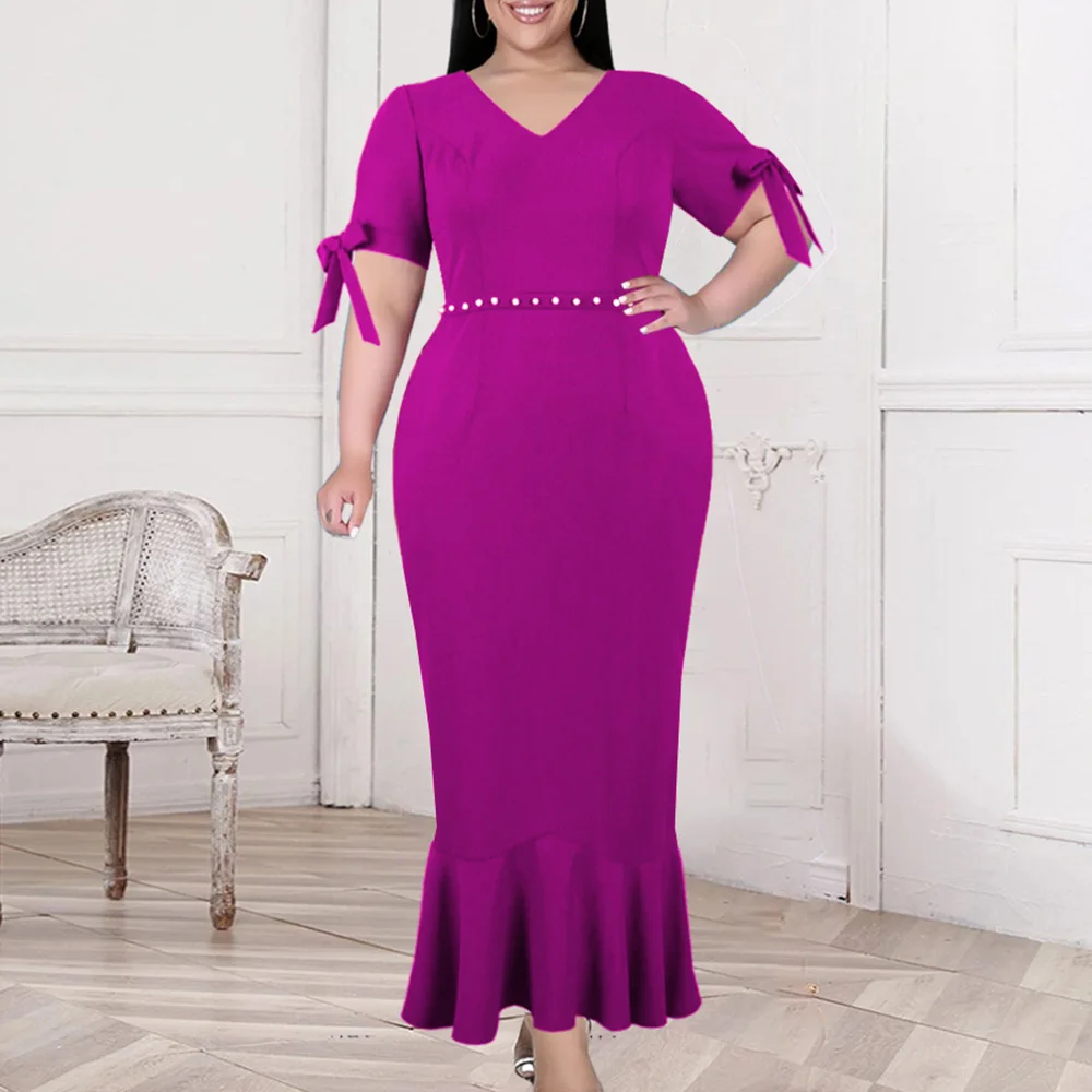 

Elegant Ruffles Mermaid Long Dress Women Beading V-Neck Party Robe Sexy Summer 2021 Belted Short Sleeve Casual Maxi Vestido