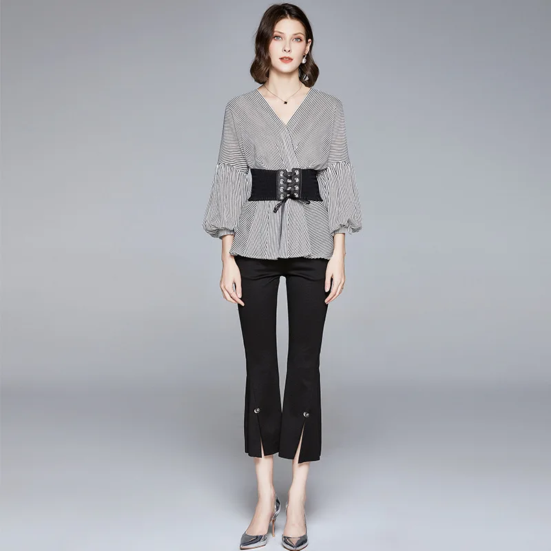 

Pants Suits 2020 Summer Fashion Striped V-Neck Lantern Sleeve Slim Waist Belted Top + Small Split Cropped Trousers Two Piece Set