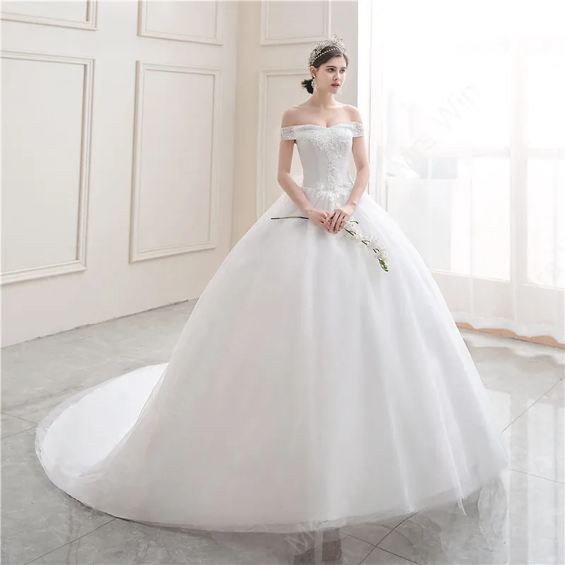 2021 Новый светильник свадебное платье с открытыми плечами вырез лодочкой бальное