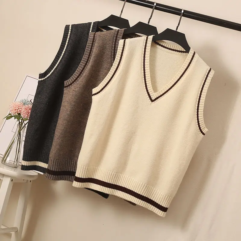 

2021 Spring Autumn Women Striped V-Neck Daily Knitted Stylish Female All-match Leisure Outwear Ladies Sleeveless Pullover Q35