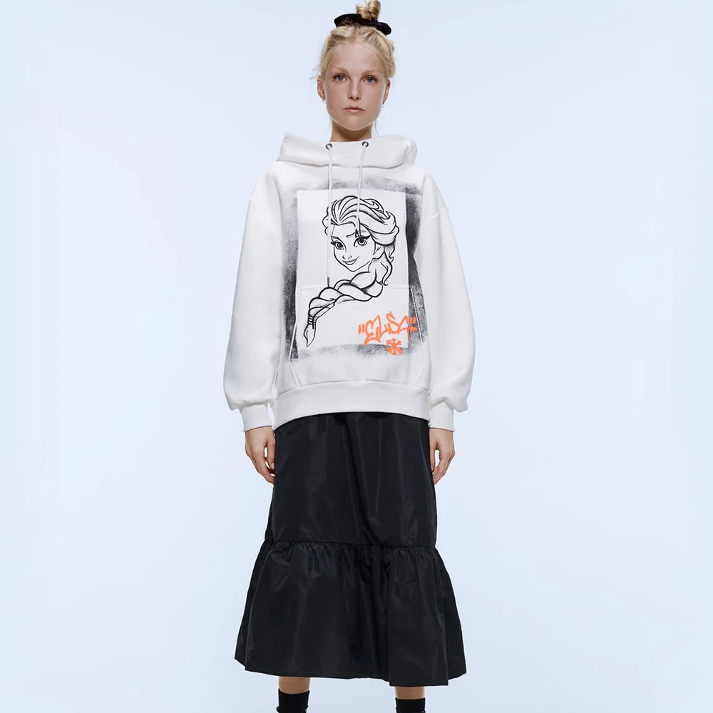 2019 Autumn and Winter Women's Pullover ZA Ice Romance Aisha Princess Print Adjustable Hooded Long-sleeved Sweatshirt Top | Женская