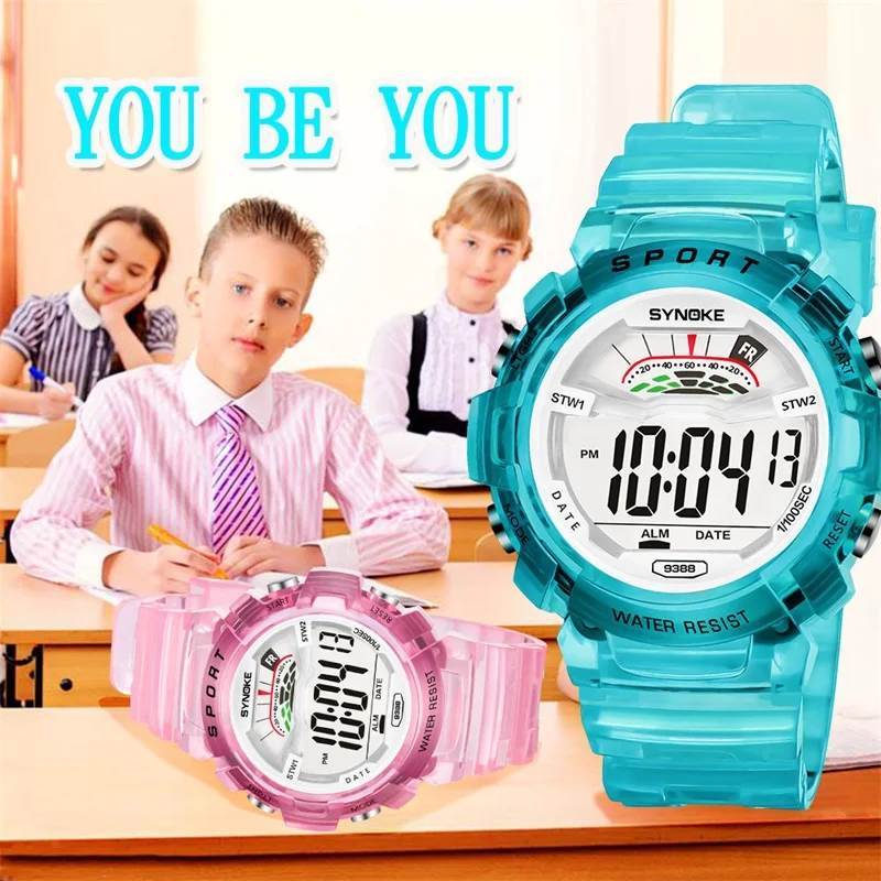 

SUMTOCK Sport Kids Digital Watch For Boys Girls Transparent Strap Blue Pink Alarm Watch 3M Waterproof LED Student Gift Clock
