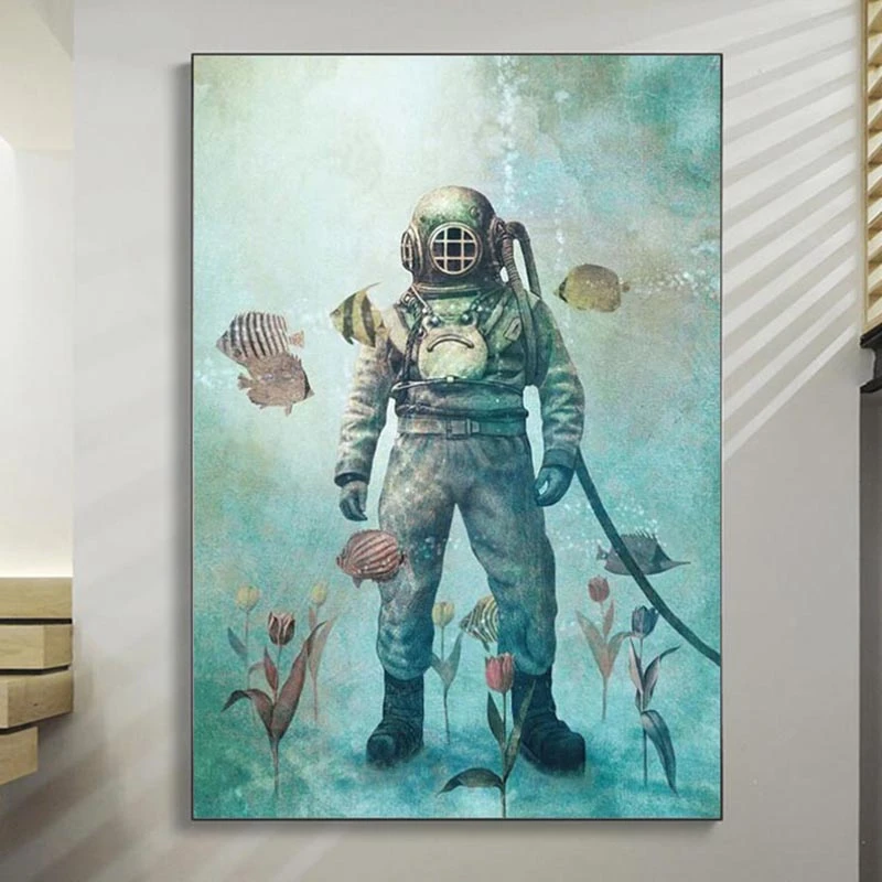 

Retro Deep Sea Divers Underwater World Whale Wall Art Prints Poster Painting On Canvas Wall Pictures For Living Room Decoration