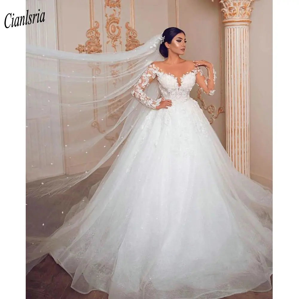 

Классическое бальное платье из Саудовской Аравии с круглым вырезом и длинным рукавом, свадебное платье с цветочной аппликацией, кружевное ...