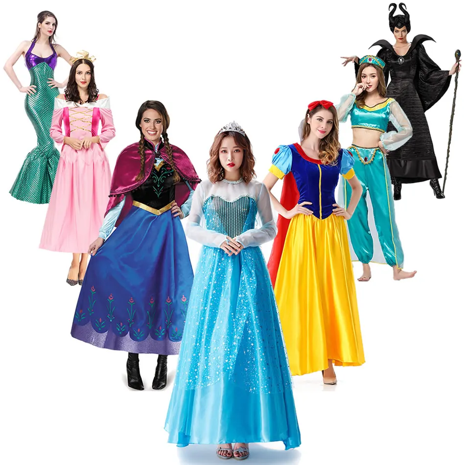 2021 Woman Elsa And Anna Dress Adult Snow White Princess Costume Sleeping Beauty Lace Patchwork Jasmine Halloween Party Gown