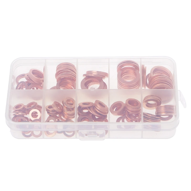 

200PCS Copper Washers Gasket Set 9 Sizes Flat Ring Seal Kit With Plastic Box B95A