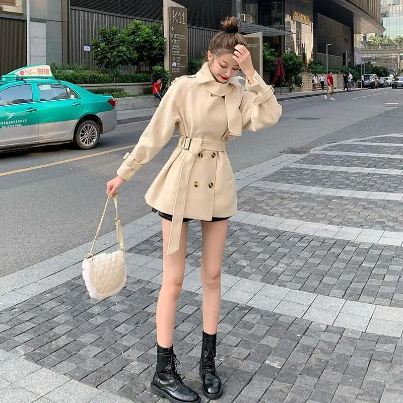 

Woolen coat women's new autumn and winter clothes in 2020 British style double breasted waist closing small woolen coat