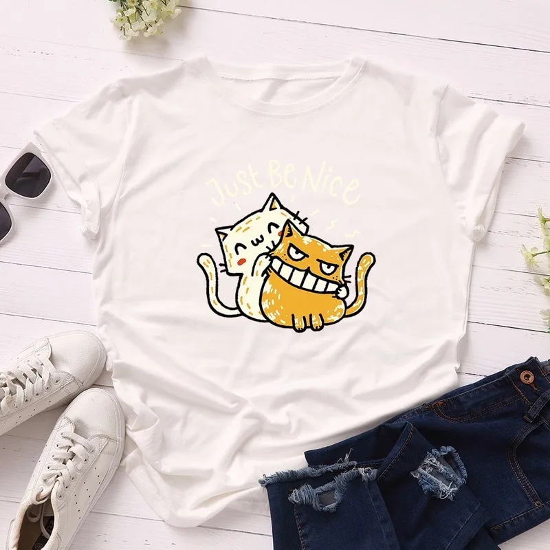 

Summer Women T Shirt Plus Size Cotton Funny Cats Print Short Sleeve Lady Tees Tops Casual Loose O-Neck Female TShirt